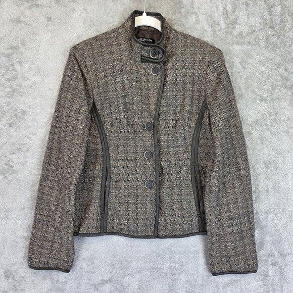 Jones New York Collection Jacket Womens 4 Brown Tweed Wool Blend Leather Trim - Picture 1 of 13